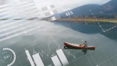 Sakin göldeki kanocu. Finansal veriler ve grafik animasyon örtüsüyle. Açık hava, macera, finans, yatırım, veri analizi, görselleştirme