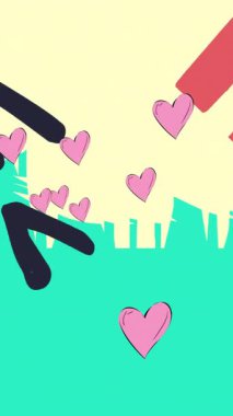 Sarı ve yeşil arka planda hareket eden pembe kalplerin animasyonu. Sevgililer Günü, aşk ve romantizm konsepti dijital olarak oluşturulmuş video.