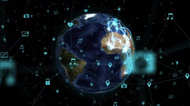 Dünya 'nın dört bir yanındaki dijital bağlantılar ve simgelerle küresel iletişim ağının animasyonu. Küreselleşme, teknoloji, bağlantı, gezegen