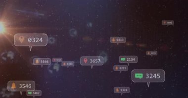 Yıldızlı arka plan üzerinde sosyal medya bildirimleri ve konum simgelerini gösteren animasyon. communication, network, technology, digital, Connectivity, online