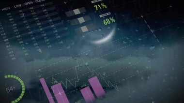 Fırtınalı hava arka planında turta grafikleri ve grafiklerle veri görselleştirmesi oluşturuluyor. analitik, bilgi grafikleri, meteoroloji, iklim, istatistik, araştırma