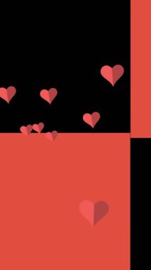 Siyah ve kırmızı arka planda hareket eden kırmızı kalplerin animasyonu. Sevgililer Günü, aşk ve romantizm konsepti dijital olarak oluşturulmuş video.