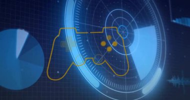 Oyun kontrolörünün dijital animasyonu ve fütüristik dairesel desenler. Oyun, teknoloji, sanal gerçeklik, eğlence, grafikler, etkileşimli