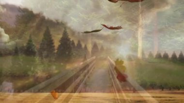 Sonbaharda düşen yapraklar, sakin orman manzarasından geçen ahşap köprü. Doğa, yeşillik, sükunet, manzara, mevsim