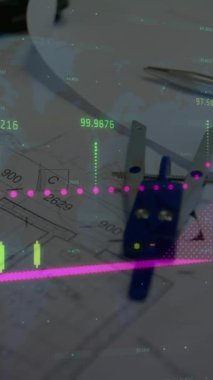 Mimarlar ve pusula üzerinde istatistik ve finansal veri işleme animasyonları. mimari, iş ve veri işleme kavramı dijital olarak oluşturulmuş video.