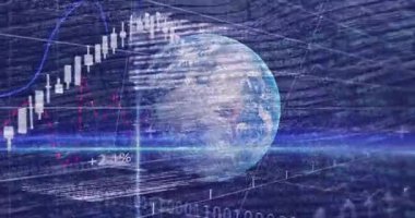 Finansal grafikler ve dijital konseptte dünyayı çevreleyen veri işleme animasyonları. Finans, teknoloji, küresel, analiz, analitik, ekonomi