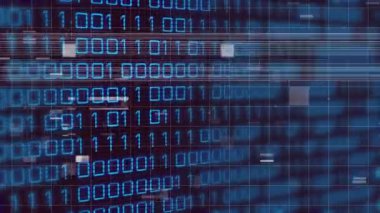 Mavi parmaklar soyut dijital arkaplan animasyonunda ikili kod deseni oluşturuyorlar. Teknoloji, fütüristik, veri, siber, ağ, matris