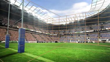 Yeşil sahadaki futbol stadyumunda sanal gol çizgisi teknolojisinin animasyonu. Spor, dijital, analiz, puanlama, izleme, yenilik