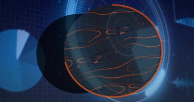 Mavi teknoloji arka planında turuncu çizgileri olan soyut dijital kürenin animasyonu. Teknoloji, fütüristik, ağ, siber alan, yenilik, veri