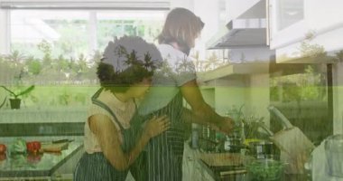 Birlikte mutfakta yemek pişirmek, tropikal manzara animasyonu olan bir çift. romantik, aşçılık, takım çalışması, ortaklık, animasyon, yaratıcı