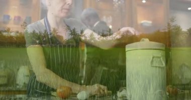 Mutfakta yemek pişirmek, pirinç tarlası manzarası olan bir kadın. Aşçılık, gastronomi, tarım, füzyon, yaratıcılık, aşçılık sanatı