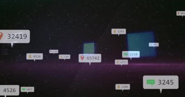 Soyut mor arkaplandaki konum simgeleriyle birlikte dijital uyarıların canlandırılması. teknoloji, GPS, iletişim, arayüz, uyarılar