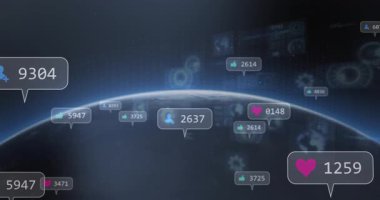 Dijital uzayda Dünya 'nın dört bir yanında yüzen sosyal medya bildirimlerinin animasyonu. Teknoloji, bağlantı, iletişim, animasyon, küresel, ağ