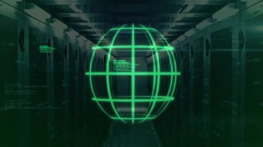 Sunucu odasında, veri akışlarıyla parlayan yeşil dijital küre animasyon yaratıyor. Teknoloji, bağlantı, ağ, yenilik, siber güvenlik, iletişim
