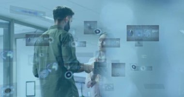 Dijital verileri, modern ofiste animasyon örtüşen iş profesyonellerini tartışıyorlar. Teknoloji, yenilik, şirket, beyin fırtınası, işbirliği, takım