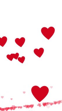Beyaz arka planda yüzen kırmızı kalplerin animasyonu. Sevgililer Günü, aşk ve romantizm konsepti dijital olarak oluşturulmuş video.