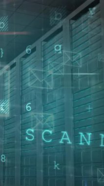 Animation of cyber attack warning and envelope icons over server room. global internet security, connections and data processing concept digitally generated video.