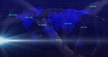 Mavi şebeke arka planında numaralandırılmış dünya haritasının animasyonu. Küresel, analitik, teknoloji, bilgi, istatistik, dijital