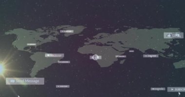 Canlandırılmış sosyal medya bildirimleri ve etkileşimleri gösterilen dünya haritası. Ağ, küresel, iletişim, bağlantı, dijital, çevrimiçi