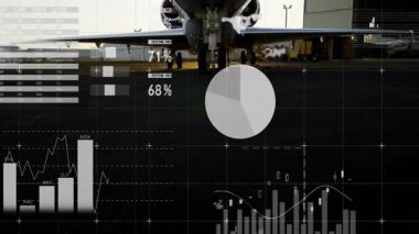 Finansal veriler ve grafiklerle dolu asfalt üzerindeki uçak animasyonu örtüyor. Havacılık, finans, analitik, iş, ekonomi