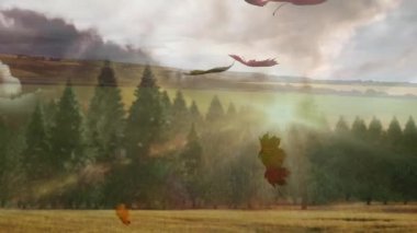 Sonbahar yaprakları ağaçlarla ve bulutlu gökyüzü animasyonlarıyla manzaranın üzerine düşüyor. Yapraklar, mevsimlik, doğa, manzara, canlandırma, huzur