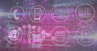 Soyut veri arkaplanındaki pembe renkli dijital iletişim simgelerinin animasyonu. Teknoloji, ağ oluşturma, bağlantı, gelecek, internet, yenilik