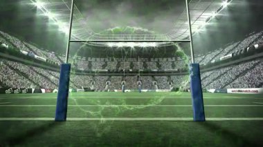 Saha ve kale direkleri üzerinde dijital dünya animasyonu olan rugby stadyumu. Spor, teknoloji, rekabet, etkinlik
