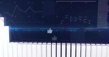 Grafik ve çubuk grafiğindeki dijital veri görselleştirmesindeki başparmak kaldırma simgelerinin canlandırılması. analitik, istatistik, bilgi, büyüme, başarı, başparmaklar yukarı