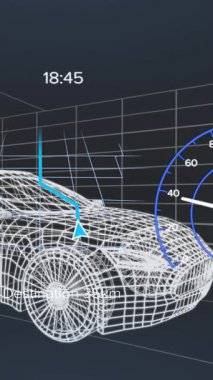 Araç arayüzündeki hız göstergesinin, GPS 'in ve durum verilerinin animasyonu, 3D' den fazla araba modeli. Ulaşım ve teknoloji, mühendislik tasarımı ve dijital arayüz konsepti dijital olarak oluşturulmuş video.