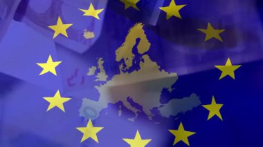Sarı yıldızlarla çevrili Avrupa haritasının animasyonuyla Avrupa Birliği bayrağı. Sembol, birlik, politika, uluslararası, işbirliği, kıta