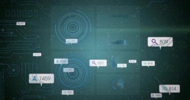 Yeşil arkaplanda arama simgeleriyle dijital veri analizlerinin animasyonu. teknoloji, yenilik, anlayış, ağ, fütüristik