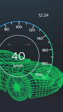 Araç arayüzündeki hız göstergesinin, GPS 'in ve durum verilerinin animasyonu, 3D' den fazla araba modeli. Ulaşım ve teknoloji, mühendislik tasarımı ve dijital arayüz konsepti dijital olarak oluşturulmuş video.