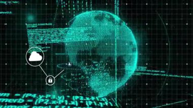 Dijital ağ bağlantıları ve dünya ve ikili kod üzerinde veri işleme animasyonu. Teknoloji, yapay zeka, yenilik, internet, küresel, siber uzay