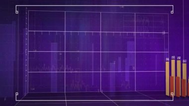 Mor arkaplanda finansal veri analizi, çubuk grafik ve çizgi çizelgesi gösteriliyor. Analizler, finans, pazarlama, ekonomi, görselleştirme, istatistikler