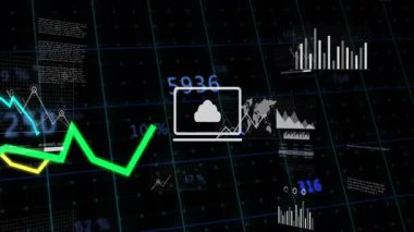 Dijital finansal verilerin canlandırılması, yeşil çizgi grafiği ve eğilimleri gösteren pasta grafiği. Finans, analitik, veri görselleştirme, büyüme, istatistik, ekonomi