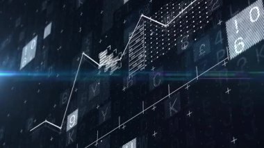 Koyu arkaplanda animasyonu olan dijital veri ve grafikler. teknoloji, fütüristik, analitik, yenilik, görselleştirme, ağ