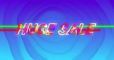 Mavi soyut arkaplan üzerinde canlı renkler olan devasa satış metninin animasyonu. İndirim, promosyon, renkli, perakende, reklam, pazarlama