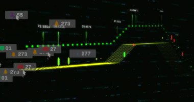 Dijital grafik animasyonu ile finansal veriler ve sosyal medya bildirimleri işleniyor. Teknoloji, veri analizleri, finans, yenilik, görselleştirme, ağ