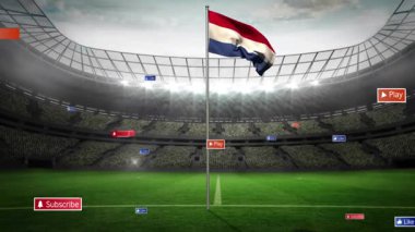 Stadyumda, yeşil alanda dalgalanan dijital düğmelerin ve bayrağın canlandırılması. Spor, teknoloji, sanal, etkileşimli, eğlence, grafik