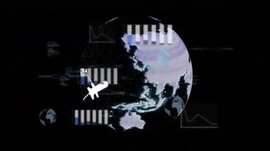 Veri çizelgeleriyle çevrili kırmızı daire vurgulama bölgesine sahip dünyanın animasyonu. Analizler, küresel, infografik, görselleştirme, istatistik, teknoloji