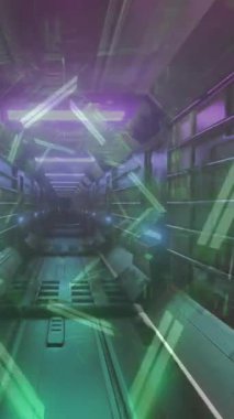 Dijital tünelin üzerinden neon üçgenlerin hareketinin animasyonu. küresel veri işleme, bağlantılar ve dijital arayüz konsepti dijital olarak oluşturulmuş video.