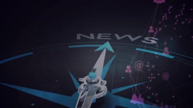 Pusula iğnesi arka planda ağ bağlantılarının animasyonuyla NEWS 'i gösteriyor. Navigasyon, yön, teknoloji, dijital, kılavuz