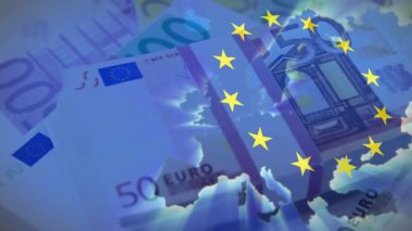 Avrupa Birliği yıldızları avro banknotları ve Avrupa haritası üzerinde animasyon oluşturuyor. Maliye, para birimi, bankacılık, ekonomi, ticaret, yatırım