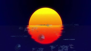 Günbatımı animasyonu dijital dünya haritası üzerinde veri ve dalga biçimleriyle. Teknoloji, küresel, geleceksel, ağ, bağlantı, sanal