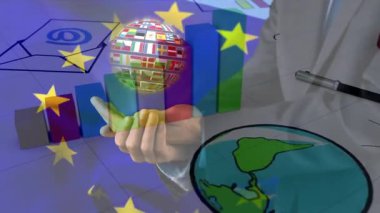 İş grafikleri ve vites animasyonları üzerinde küresel bayraklı kalemle el ele tutuşmak. Küreselleşme, uluslararası, finans, ekonomi, analitik, takım çalışması