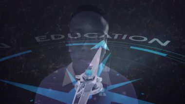 Eğitime işaret eden, gözlüklü düşünceli insan yerine animasyonda pusula. Navigasyon, rehberlik, yön, bilgi, yansıma, düşünme