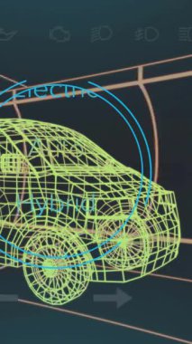 Melez minibüs arayüzü üzerindeki hız göstergesi, GPS ve durum verilerinin animasyonu, 3d 'den fazla van modeli. Ulaşım ve teknoloji, mühendislik tasarımı ve dijital arayüz konsepti dijital olarak oluşturulmuş video.