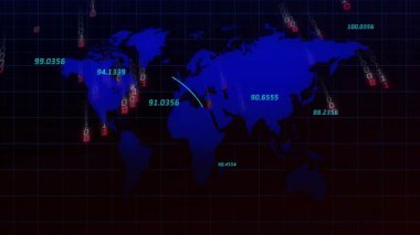 İkili kod ve bağlantı noktaları olan dünya haritasını gösteren animasyon. Teknoloji, dijital, küresel, ağ, iletişim, İnternet