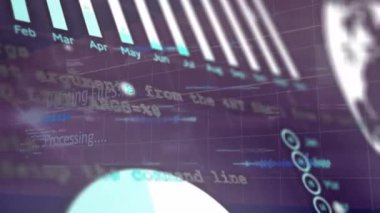 Mor arkaplandaki grafik ve çizgilerle veri canlandırması. analitik, grafik, istatistik, teknoloji, iş, finans