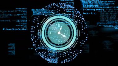 Saat çehresi dijital kod ve veri işleme animasyonuyla çevrili. Teknoloji, zaman, fütürist